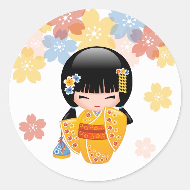 Summer Kokeshi Doll - Yellow Kimono Geisha Girl Runder Aufkleber (Vorderseite)