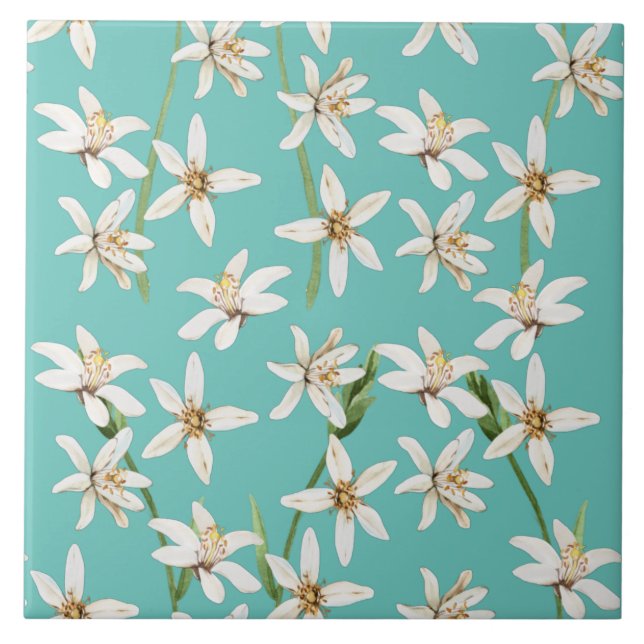 Summer Lemon blossom seamless pattern on teal Fliese (Vorderseite)