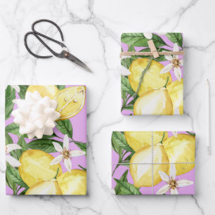 Summer Lemon Blütenmuster auf lila Geschenkpapier Set