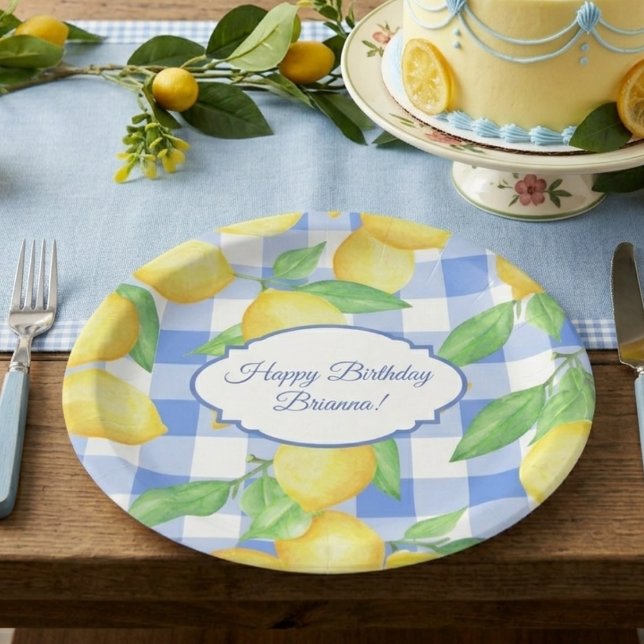 Summer Lemon Gingham Birthday Pappteller (Von Creator hochgeladen)