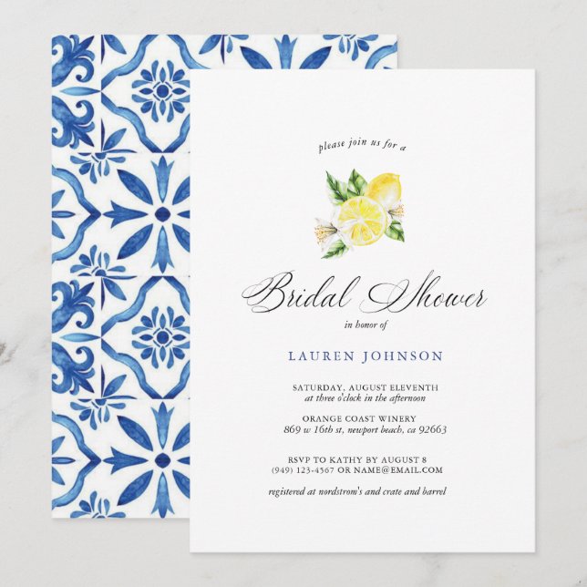 Summer Lemon & Mediterranean Tiles Bridal Einladung (Vorne/Hinten)