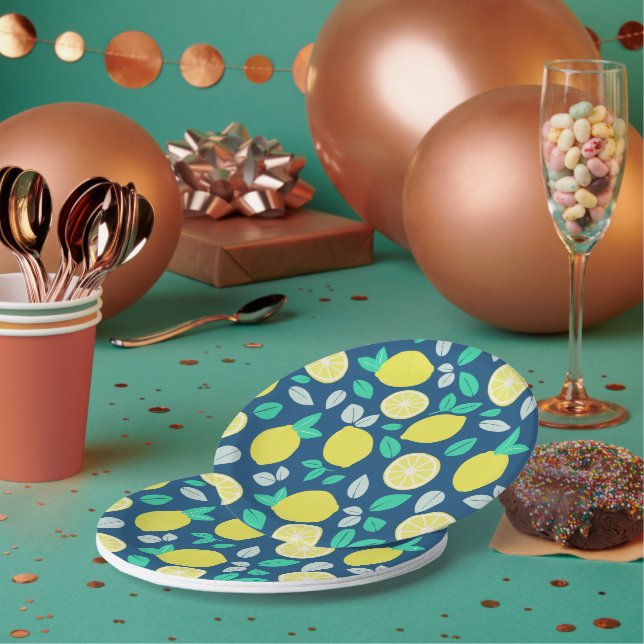 Summer Lemon Muster in Navy Blue Pappteller (Multi)