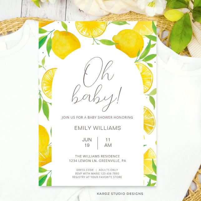 Summer Lemon Watercolor Kinderdusche Einladung (This Lemon Baby Shower Invitation is shown in size 5 x 7 in. Other sizes and digital available.)