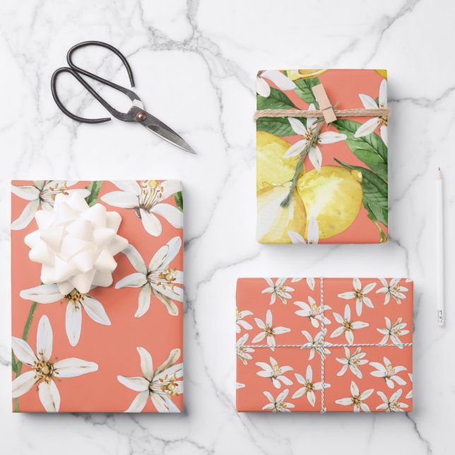 Summer Lemons blühen Muster auf Orange Geschenkpapier Set (Vorderseite)