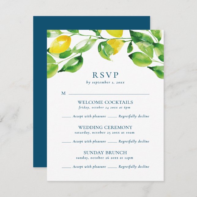 Summer Lemons und Foliage Multi Event Hochzeit RSVP Karte (Vorne/Hinten)