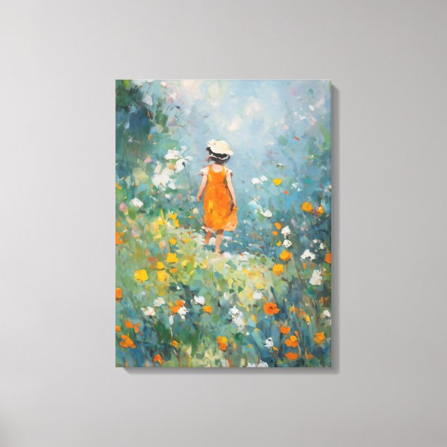 Summer Meadow – Impressionist Girl in Orange Dress Leinwanddruck (Vorderseite)