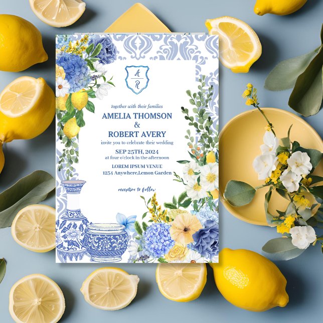 Summer Mediterranean Blue tiles Lemon Wedding Einladung (Von Creator hochgeladen)