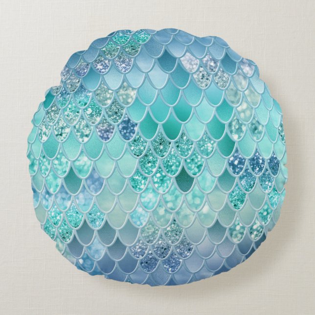 Summer Mermaid Glitzer Scales #12 (Imitate Glitzer Rundes Kissen (Vorderseite)