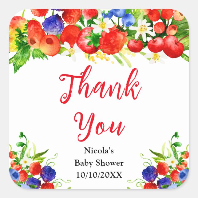 Summer Mixed Berries Baby Shower Thank You Quadratischer Aufkleber (Vorderseite)