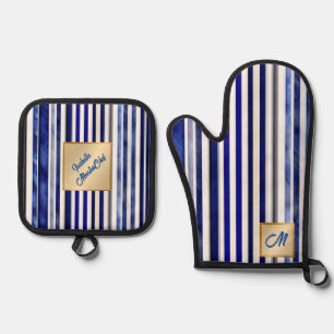 Summer Modern Navy Blue Boat Stripes Collection Ofenhandschuh & Topflappen-Set