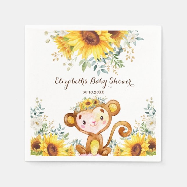 Summer Monkey Watercolor Sonnenblumendusche Serviette (Vorderseite)
