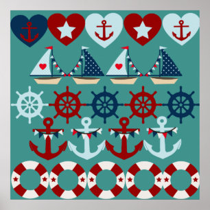 Summer Nautic Theme Anchors Segelboote Helms Poster