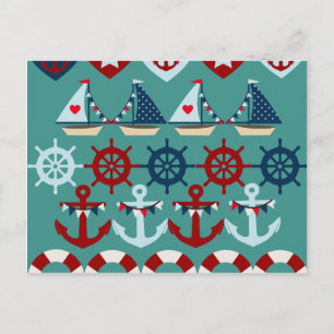 Summer Nautic Theme Anchors Segelboote Helms Postkarte