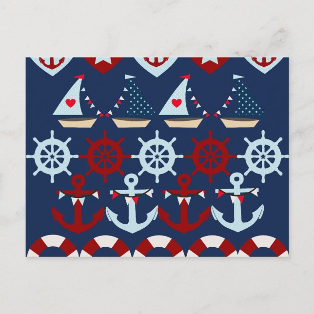 Summer Nautic Theme Anchors Segelboote Helms Postkarte (Vorderseite)