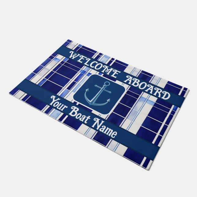 Summer Navy Blue Boat Moderne Stripes Collection Fußmatte (Schrägansicht)