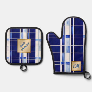 Summer Navy Blue Boat Moderne Stripes Collection Ofenhandschuh & Topflappen-Set