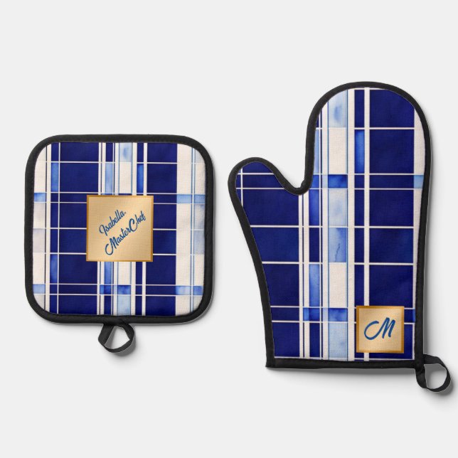 Summer Navy Blue Boat Moderne Stripes Collection Ofenhandschuh & Topflappen-Set (Vorderseite)