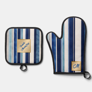 Summer Navy Blue Popular Boat Stripes Collection Ofenhandschuh & Topflappen-Set