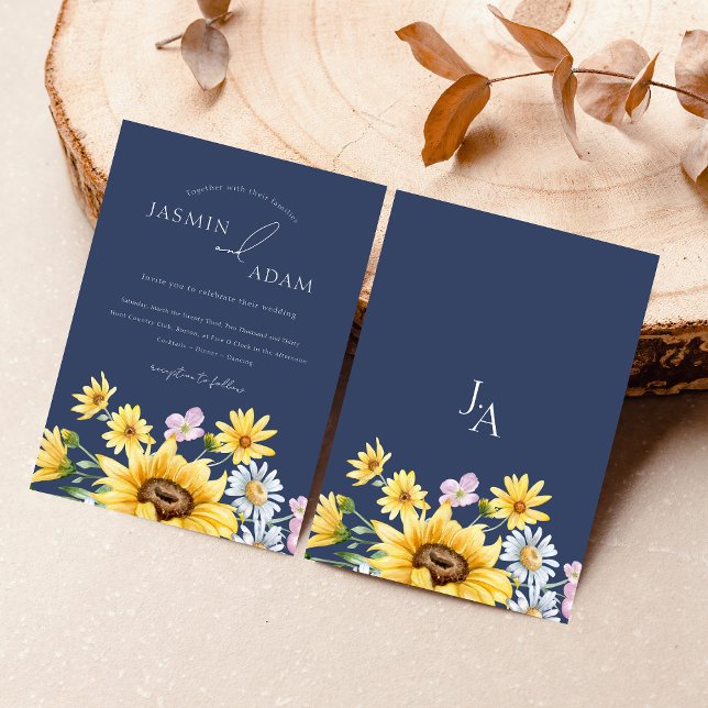 Summer Navy Blue Sunflowers Monogram Wedding Einladung (Summer Navy Blue Sunflowers Monogram Wedding Invitation)
