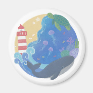Summer Ocean Whale Turtle & Lighthouse Magnet