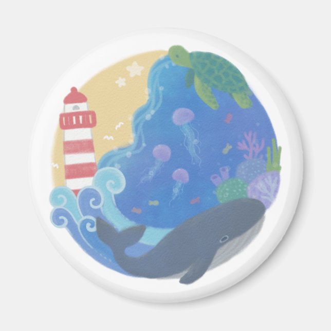 Summer Ocean Whale Turtle & Lighthouse Magnet (Vorne)
