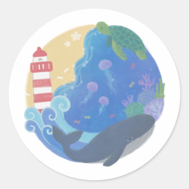 Summer Ocean Whale Turtle & Lighthouse Runder Aufkleber (Vorderseite)