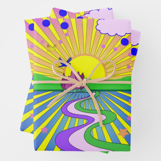 Summer of Liebe Psychedelic Sixties Sunburst Geschenkpapier Set (Beispiel)