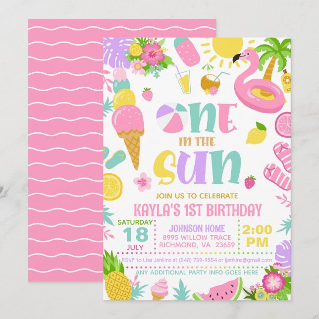 Summer One in the Sun Birthday Party Invitation Einladung (Vorne/Hinten)