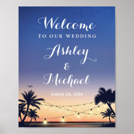 Summer Palm Tree Beach String Lights Wedding Sign Poster