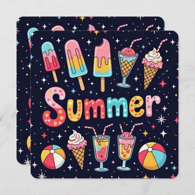 Summer Party Fun Graphics On Black Einladung (Vorne/Hinten)