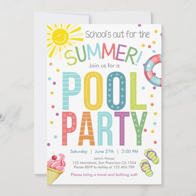 Summer Party Pool Party Schools Out Einladung (Vorderseite)