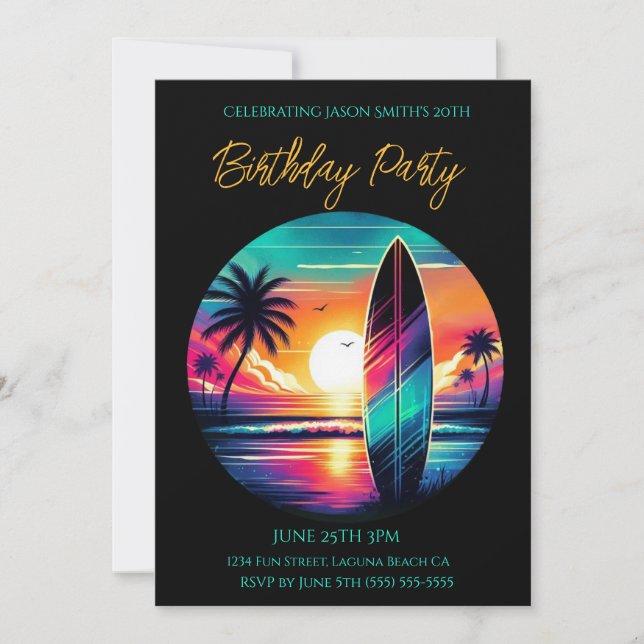 Summer Party Sunset Surfboard Vibes- Einladung (Vorderseite)