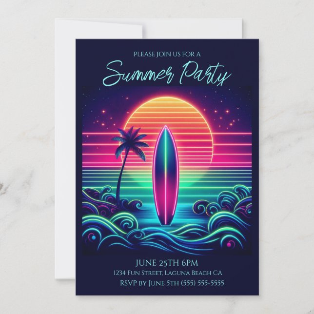 Summer Party - Surfen im Neon Sunset Einladung (Vorderseite)