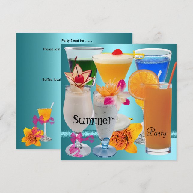 Summer Party Tropical Blue Aquamarin Cocktail Drin Einladung (Vorne/Hinten)