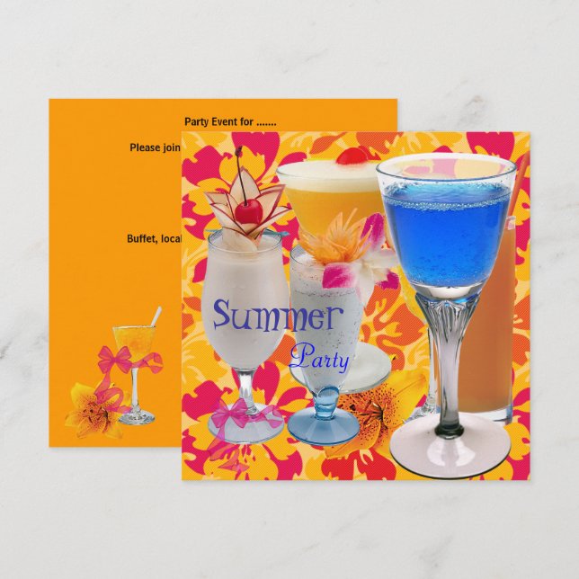 Summer Party Tropical Yellow Cocktail Drinks Blau Einladung (Vorne/Hinten)