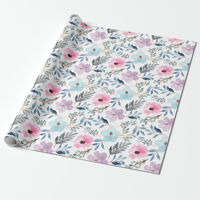 Summer Pastel Blue Watercolor Blume Muster Geschenkpapier (Ungerollt)
