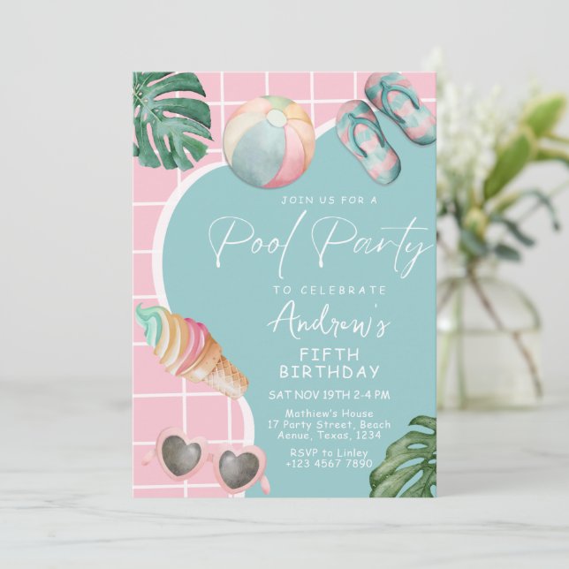 Summer Pastel Girl Pool Geburtstagsparty Einladung (Stehend Vorderseite)