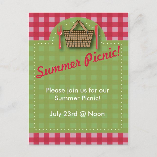 Summer Picnic Gingham Postcard Einladungspostkarte (Vorderseite)