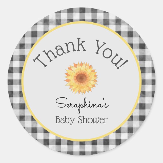 Summer Picnic Gingham Sunflower Baby Dusche Runder Aufkleber (Vorderseite)