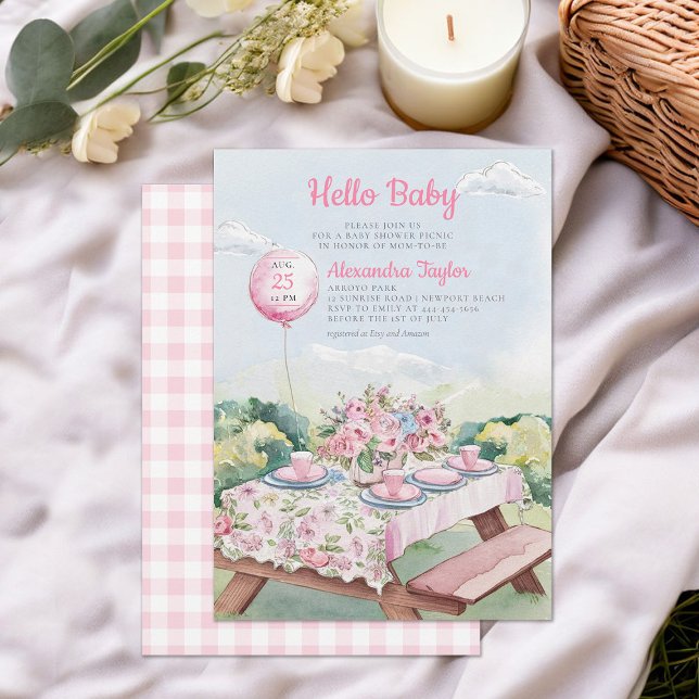 Summer Picnic Watercolor Elegante Baby Dusche Einladung (picnic baby shower invitation park summer watercolor balloon cute fun casual classy modern)