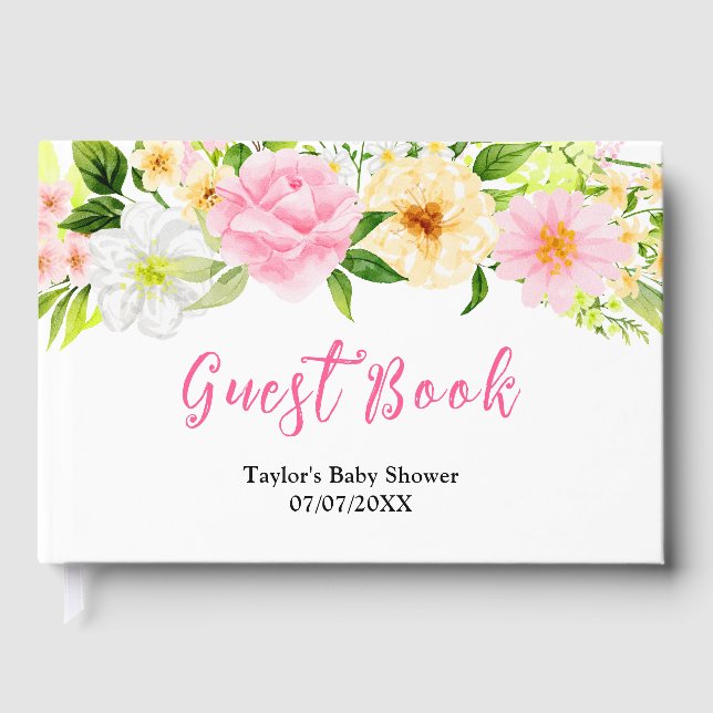 Summer Pink and Yellow Floral Baby Shower Gästebuch (Vorderseite)