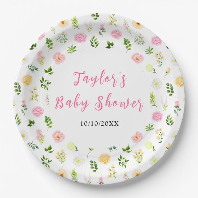 Summer Pink and Yellow Floral Baby Shower Pappteller (Vorderseite)