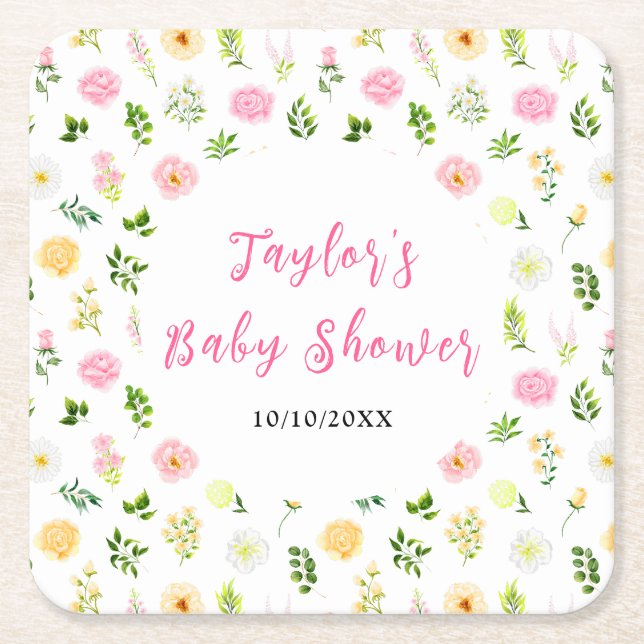 Summer Pink and Yellow Floral Baby Shower Rechteckiger Pappuntersetzer (Vorderseite)