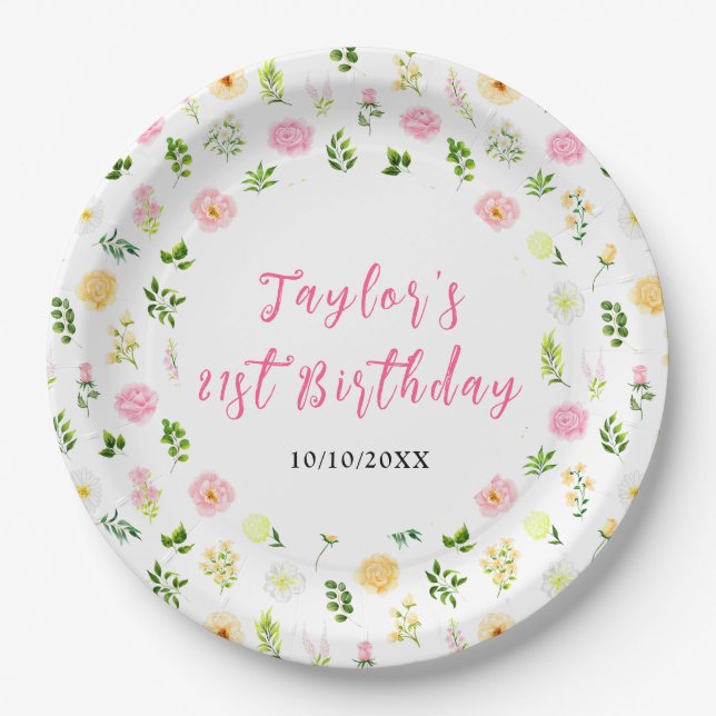 Summer Pink and Yellow Floral Birthday Pappteller (Vorderseite)