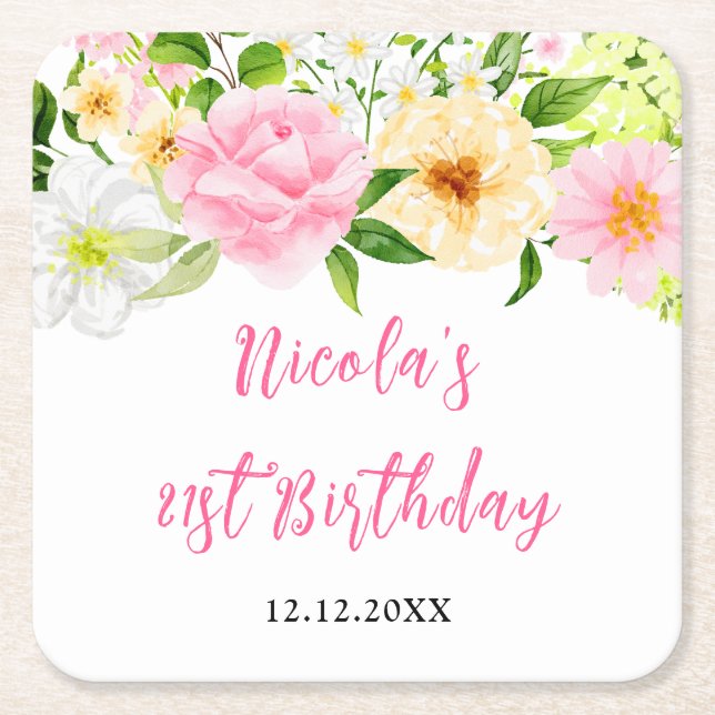 Summer Pink and Yellow Floral Birthday Rechteckiger Pappuntersetzer (Vorderseite)