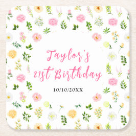 Summer Pink and Yellow Floral Birthday Rechteckiger Pappuntersetzer