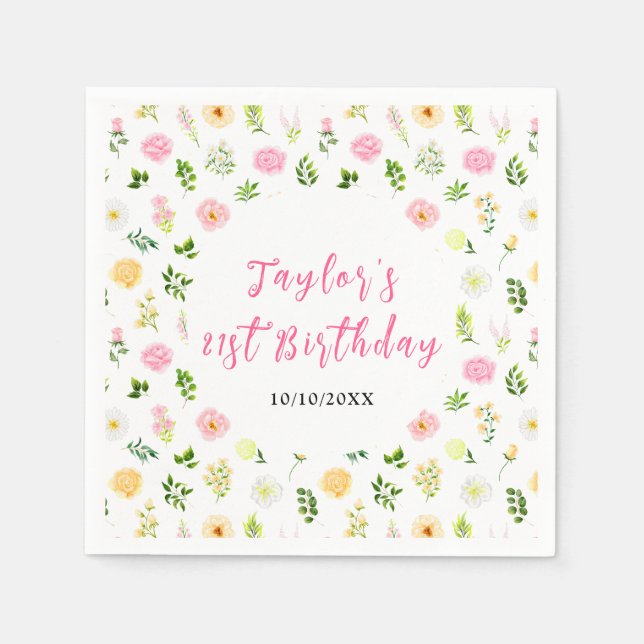 Summer Pink and Yellow Floral Birthday Serviette (Vorderseite)