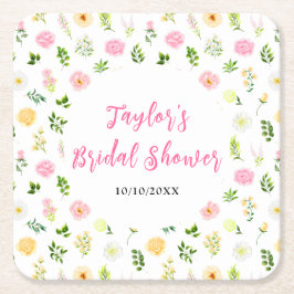 Summer Pink and Yellow Floral Bridal Shower Rechteckiger Pappuntersetzer