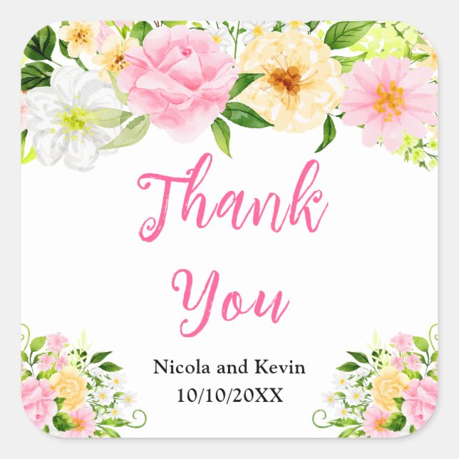 Summer Pink and Yellow Floral Wedding Thank You Quadratischer Aufkleber (Vorderseite)