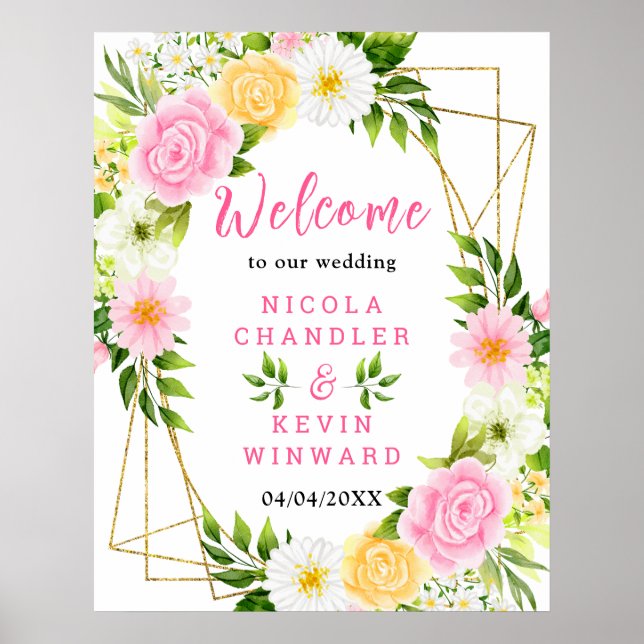 Summer Pink and Yellow Flower Wedding Welcome Sign Poster (Vorne)